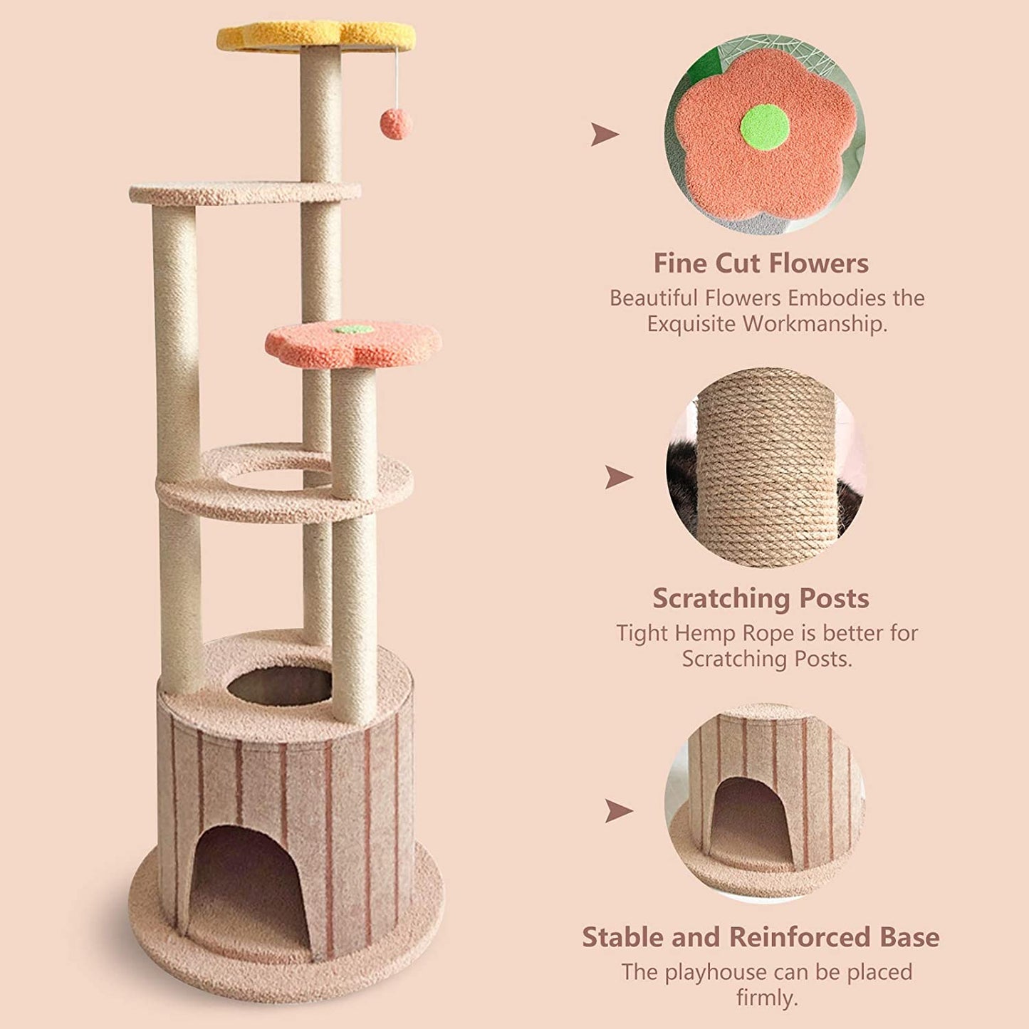 51In Cat Tree Multi-Level Cat Tower Cat Condo Cat Activity Tree with Sisal Scratching Post Cat Climbing Flower Tower House for Cats Kittens Pets 6 Layers(Light Brown&Red&Yellow)