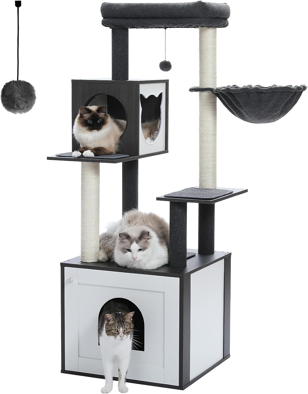 56.7" Cat Tree with Litter Box Enclosure Large, Wood Cat Tower for Indoor Cats with Storage Cabinet and Cozy Cat Condo, Sisal Covered Scratching Post and Repalcable Dangling Balls, Black