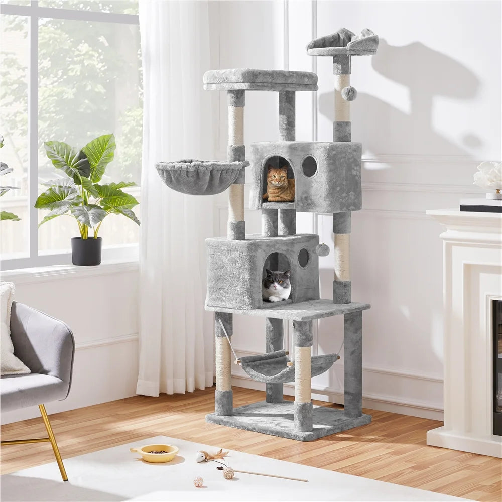 73"H Multi-Level Cat Tree Tower with Condos and Perches, Light Gray