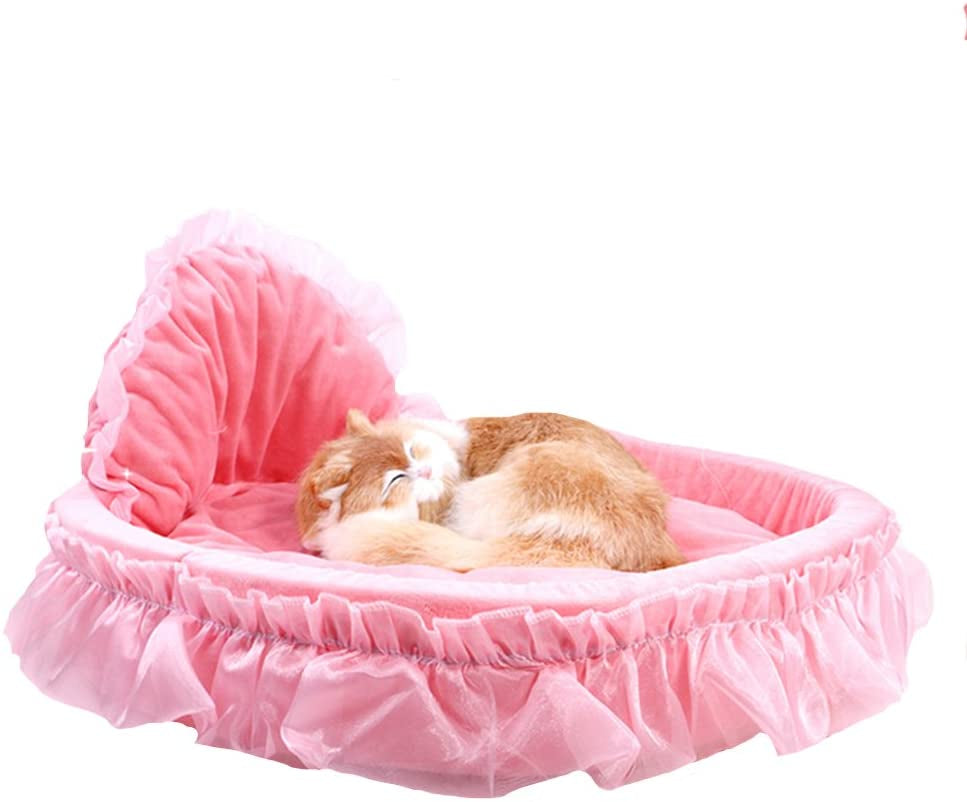 Cute Princess Pet Bed Bow-Tie Lace Cat Sofa Soft Plush Small Dog Cushion Bed Kitten Puppy round Beds (S, Pink)