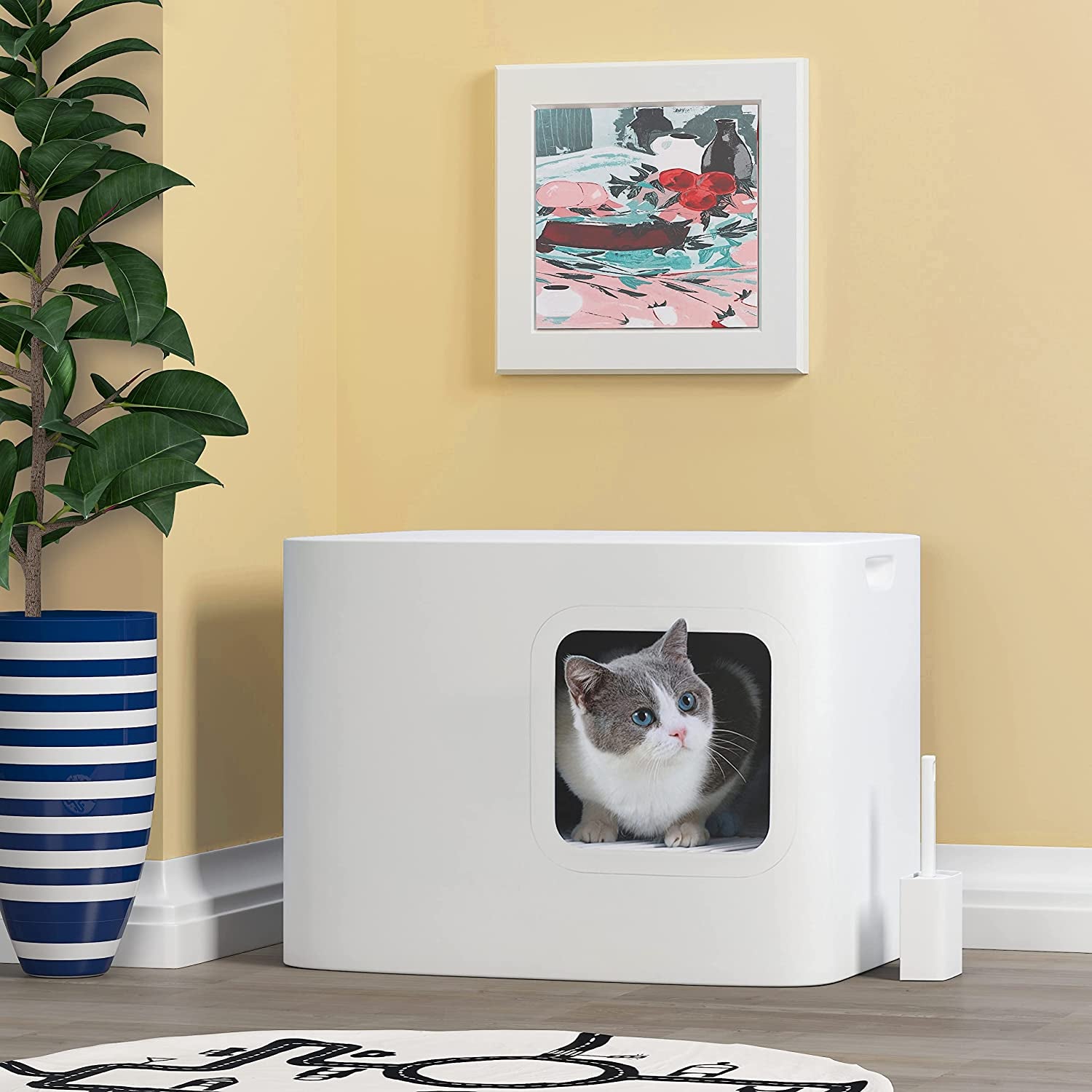 Meowy Studio Loo Modern Cat Litter Box - All in One Cover Litter Filter Plate Scoop and Holder, Aspen White