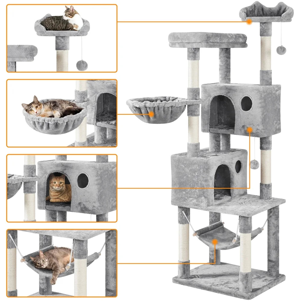 73"H Multi-Level Cat Tree Tower with Condos and Perches, Light Gray