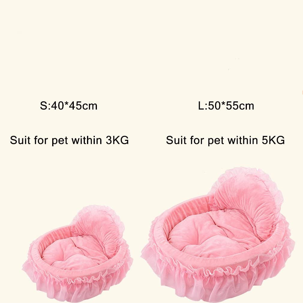 Cute Princess Pet Bed Bow-Tie Lace Cat Sofa Soft Plush Small Dog Cushion Bed Kitten Puppy round Beds (S, Pink)