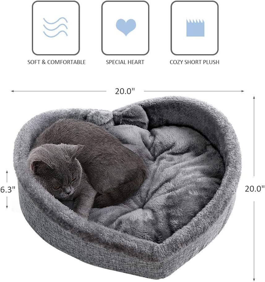 Heart Cat Pet Bed for Cats or Small Dogs, Ultra Soft Short Plush, Anti-Slip Bottom, Washable High Resilience PP Cotton, Comfortable Self Warming Autumn Winter Indoor Sleeping Cozy Kitty Teddy