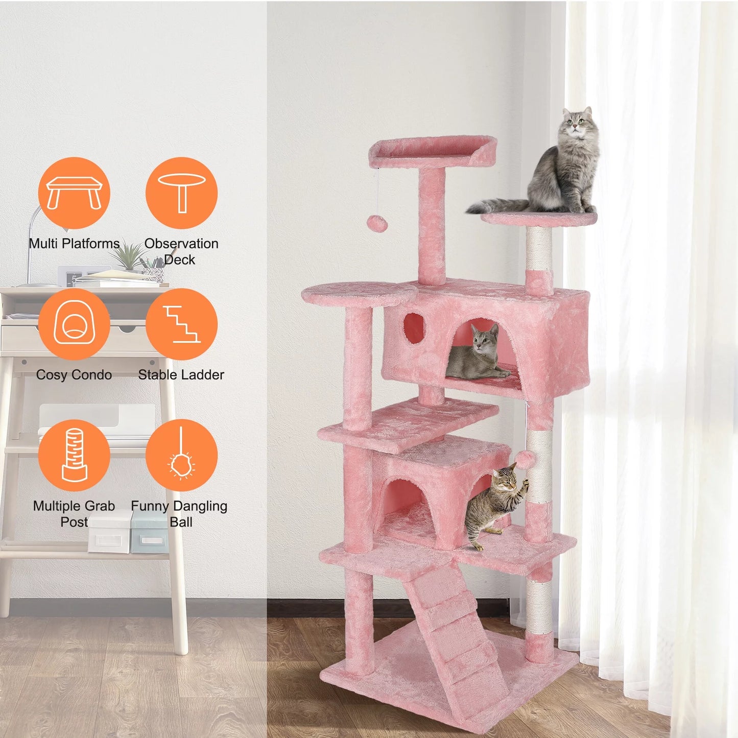 55'' Multi-Level Cat Tree Condo Cat Tower W/Scratching Posts & Plush Perch, Pink