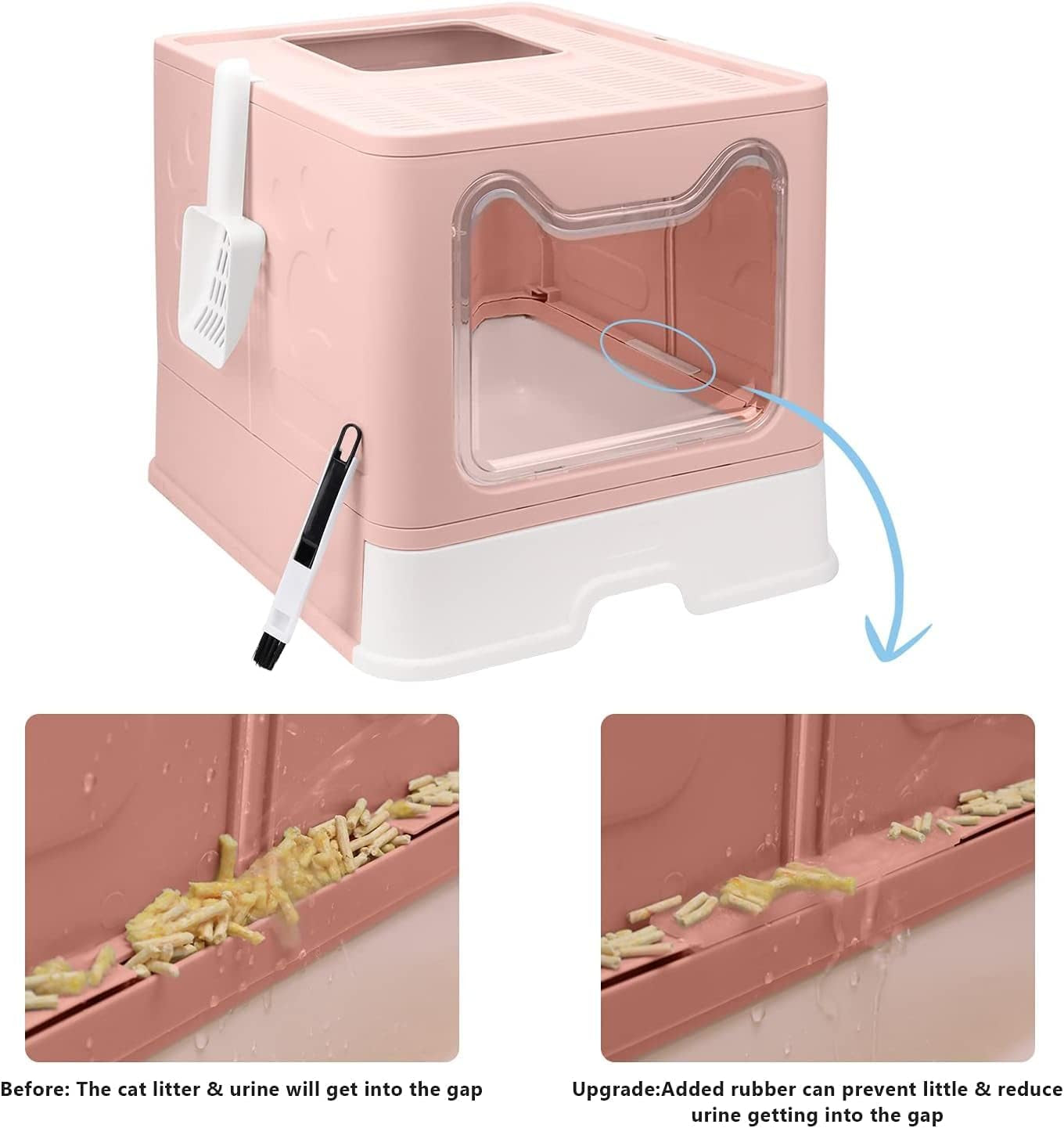 Foldable Cat Litter Box with Lid, Enclosed Cat Potty, Top Entry Anti-Splashing Cat Toilet, Easy to Clean Including Cat Litter Scoop and 2-1 Cleaning Brush (Pink) Large