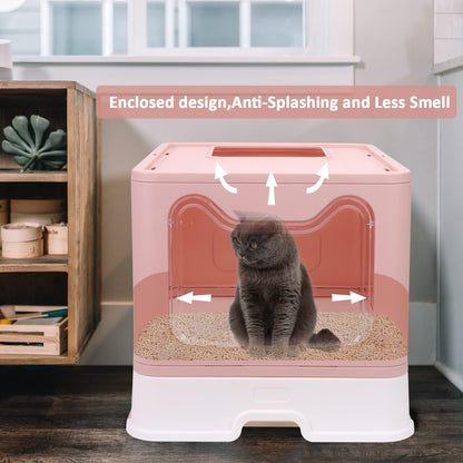 Foldable Cat Litter Box with Lid, Enclosed Cat Potty, Top Entry Anti-Splashing Cat Toilet, Easy to Clean Including Cat Litter Scoop and 2-1 Cleaning Brush (Pink) Large