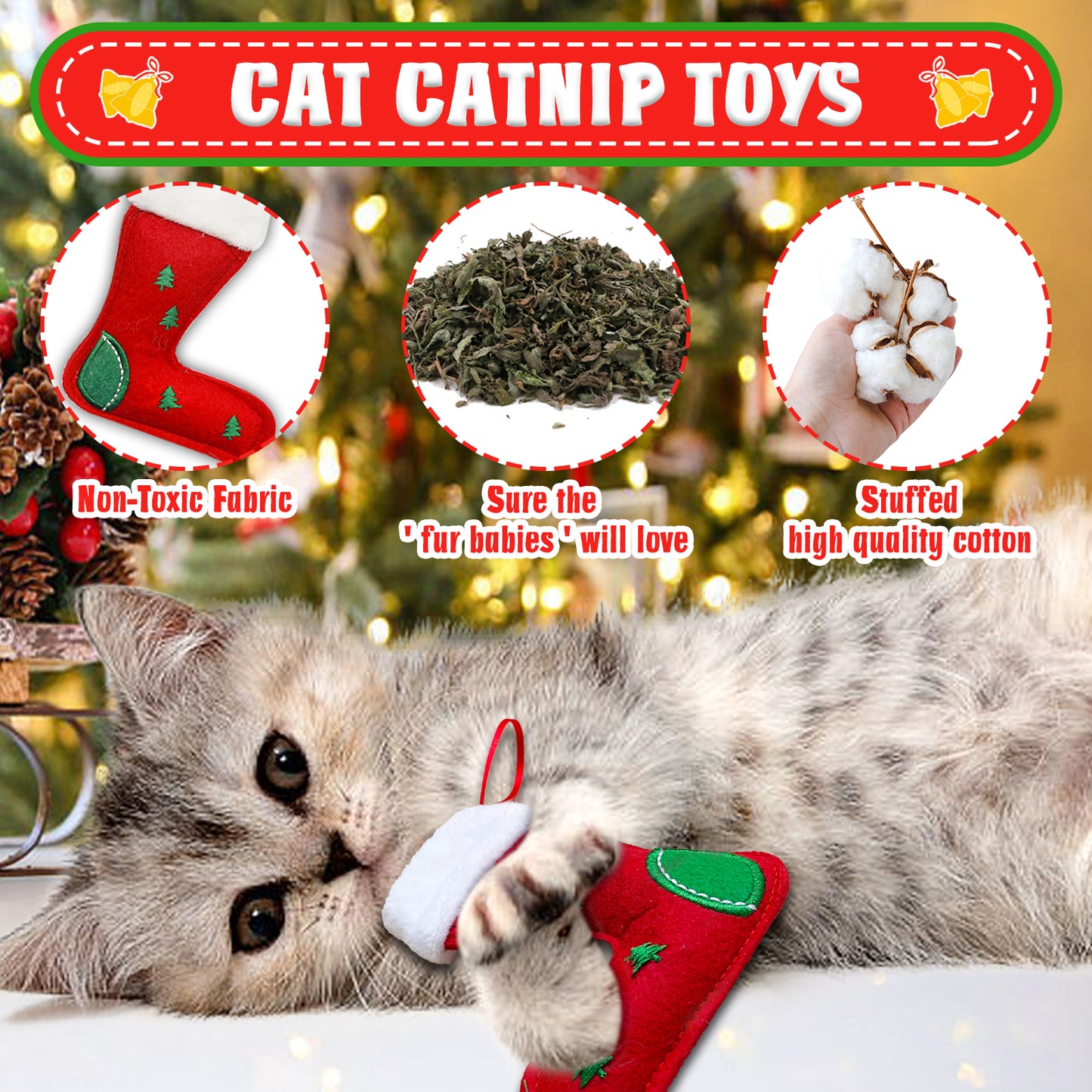 Cat Christmas Stocking, 10 Pack Christmas Cat Toys, for Cats, Interactive Cat Feather Toy with Catnip, Cat Ball Toys, Crinkle Balls for Cat, Mice Toys for Indoor Cats & Kitten