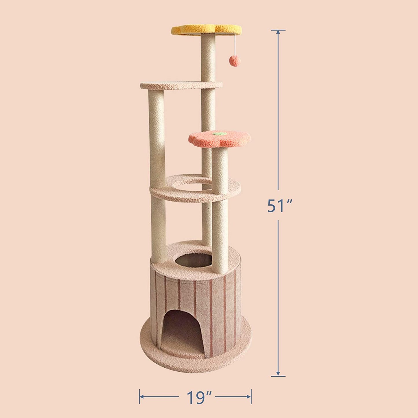 51In Cat Tree Multi-Level Cat Tower Cat Condo Cat Activity Tree with Sisal Scratching Post Cat Climbing Flower Tower House for Cats Kittens Pets 6 Layers(Light Brown&Red&Yellow)