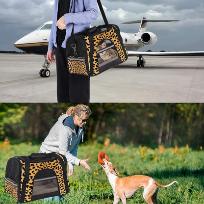 Airline Approved Soft Sided Pet Carrier, Leopard Print Background Travel Bag for Cats & Dogs, Durable, Breathable Airplane, Car Train, Multi-Colored 09, 17X10X11.8 In43X26X30 Cm