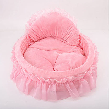 Cute Princess Pet Bed Bow-Tie Lace Cat Sofa Soft Plush Small Dog Cushion Bed Kitten Puppy round Beds (S, Pink)