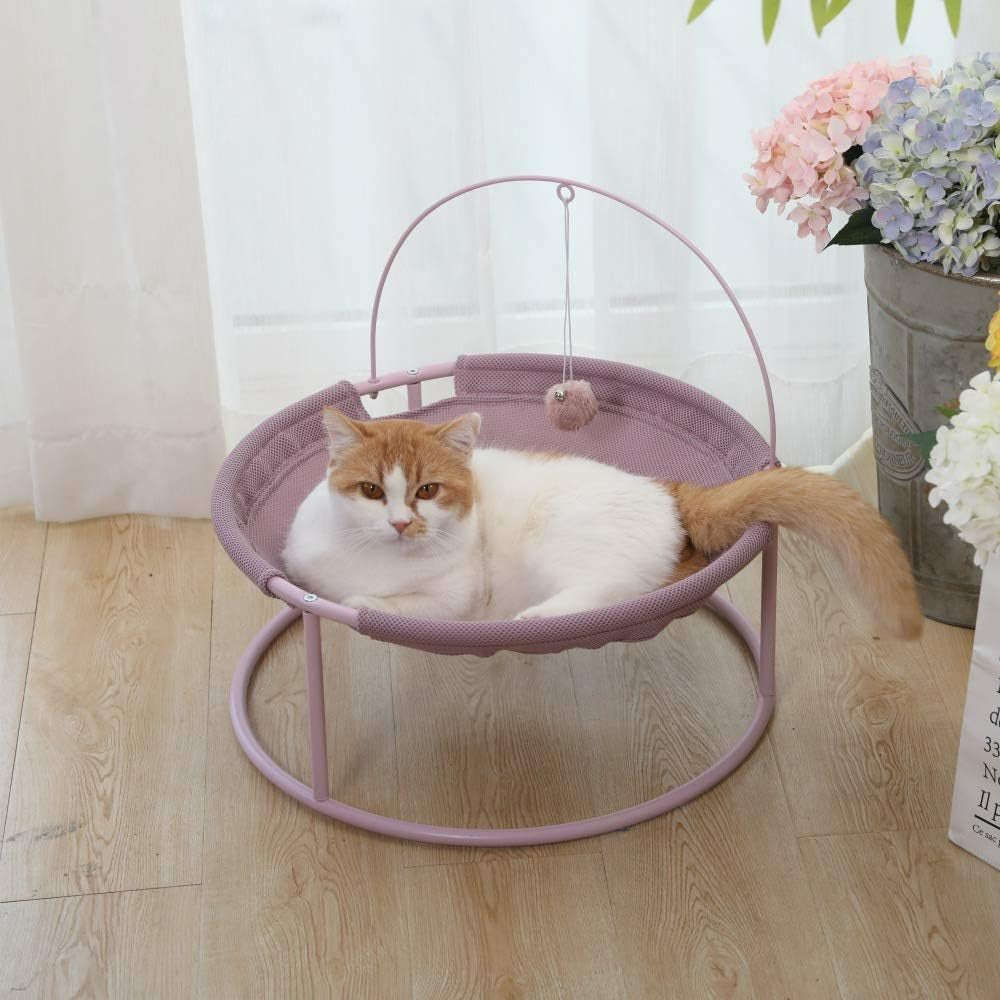 Cat Hammock Elevated Cat Bed with Steel Frame and Teaser Toy Ball, Detachable Washable and Cozy Hammock for Indoor Lounge