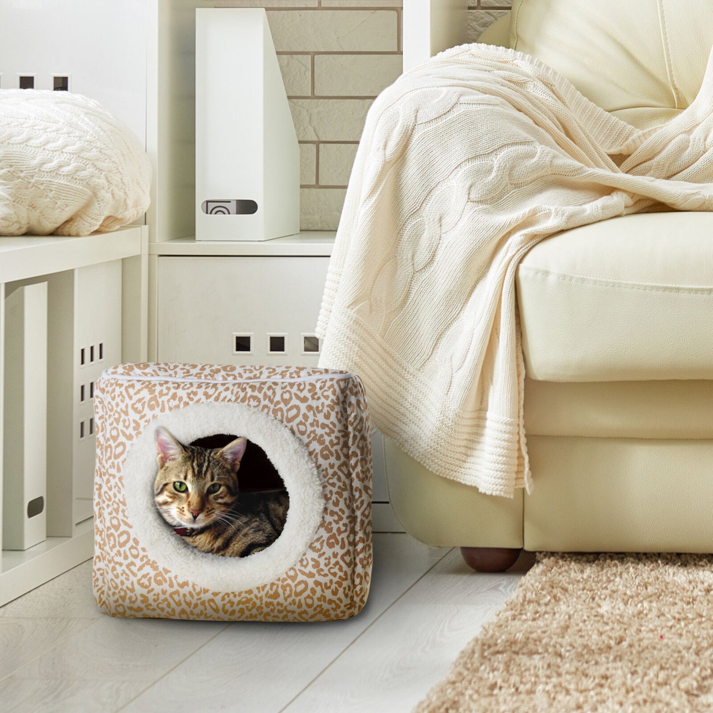 Cat House Indoor Bed Removable Foam Cushion Cat Cave for Puppies Rabbits