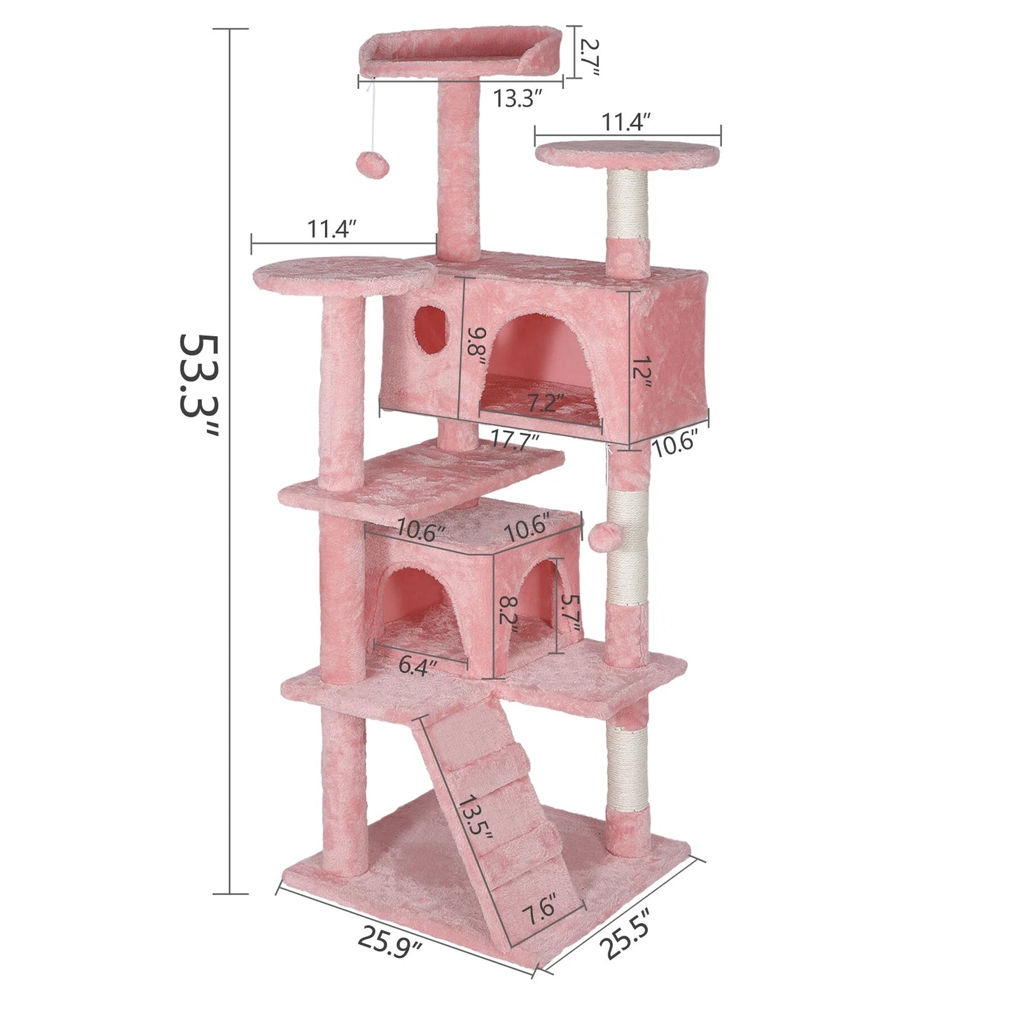 55'' Multi-Level Cat Tree Condo Cat Tower W/Scratching Posts & Plush Perch, Pink