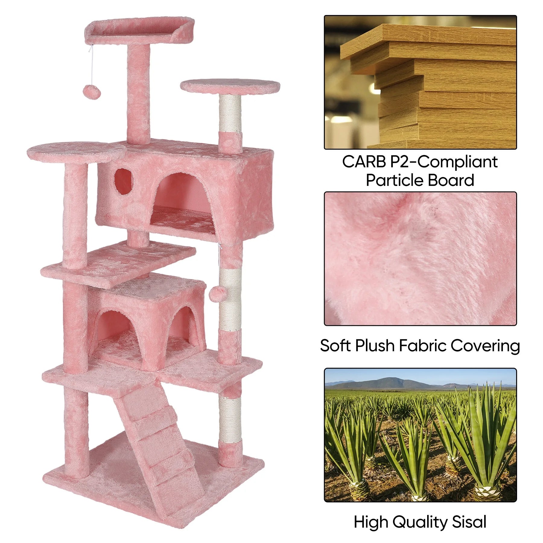 55'' Multi-Level Cat Tree Condo Cat Tower W/Scratching Posts & Plush Perch, Pink