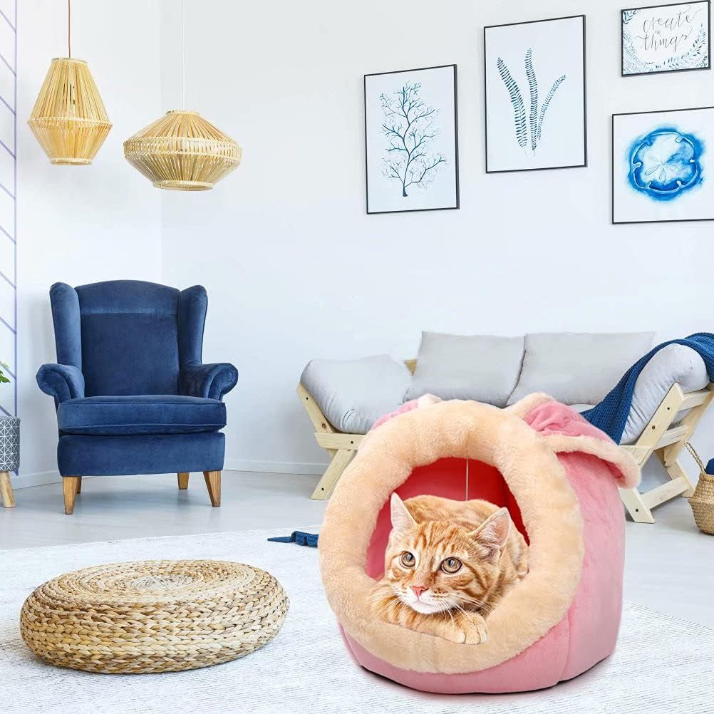 Cat Beds for Indoor Cats - Small Dog Bed with Anti-Slip Bottom, Rabbit-Shaped Cat/Small Dog Cave with Hanging Toy, Puppy Bed with Removable Cotton Pad, Super Soft Calming Pet Sofa Bed (Pink Small)