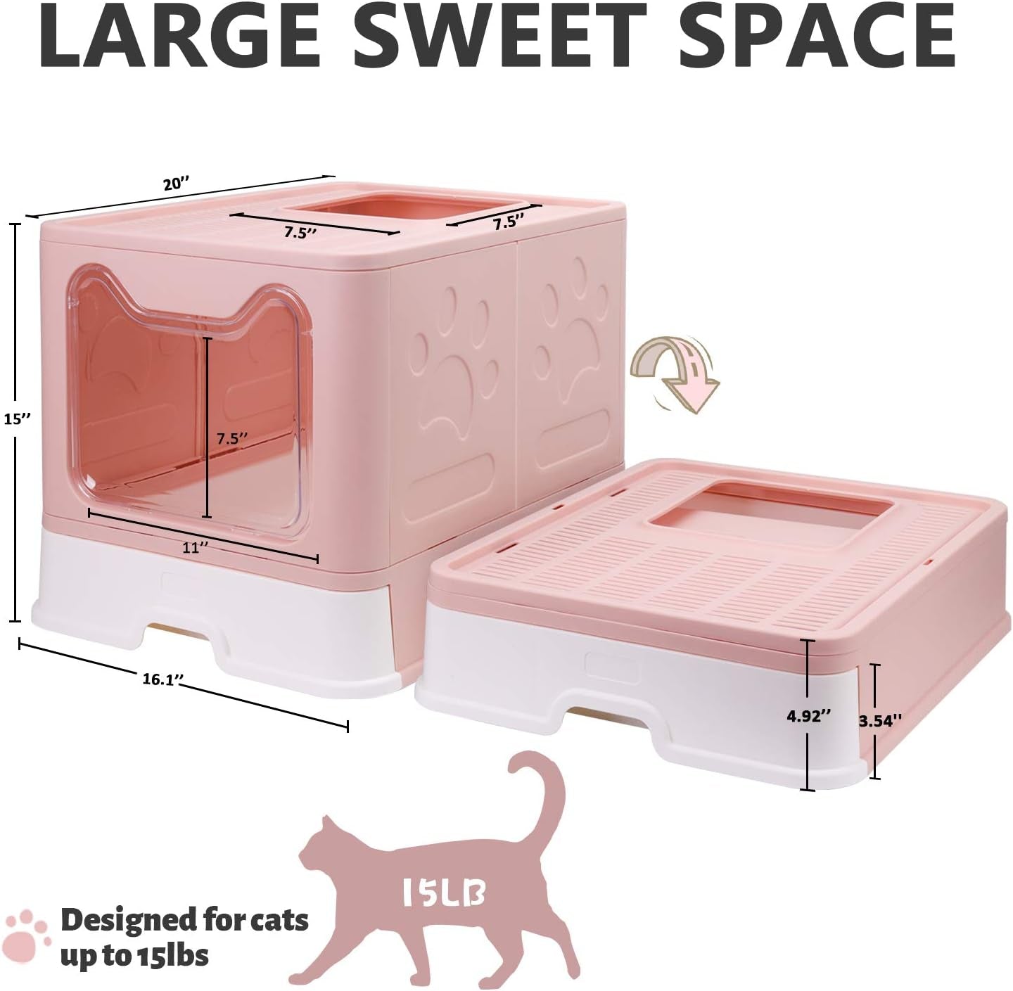 Foldable Cat Litter Box with Lid, Enclosed Cat Potty, Top Entry Anti-Splashing Cat Toilet, Easy to Clean Including Cat Litter Scoop and 2-1 Cleaning Brush (Pink) Large