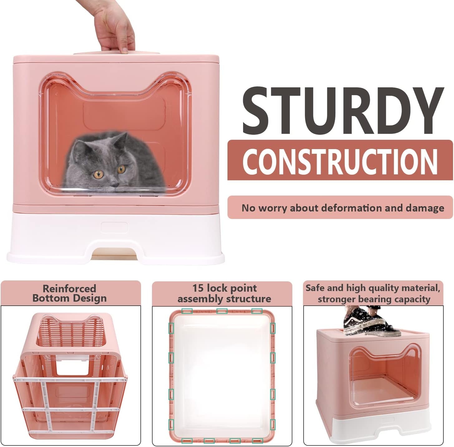 Foldable Cat Litter Box with Lid, Enclosed Cat Potty, Top Entry Anti-Splashing Cat Toilet, Easy to Clean Including Cat Litter Scoop and 2-1 Cleaning Brush (Pink) Large