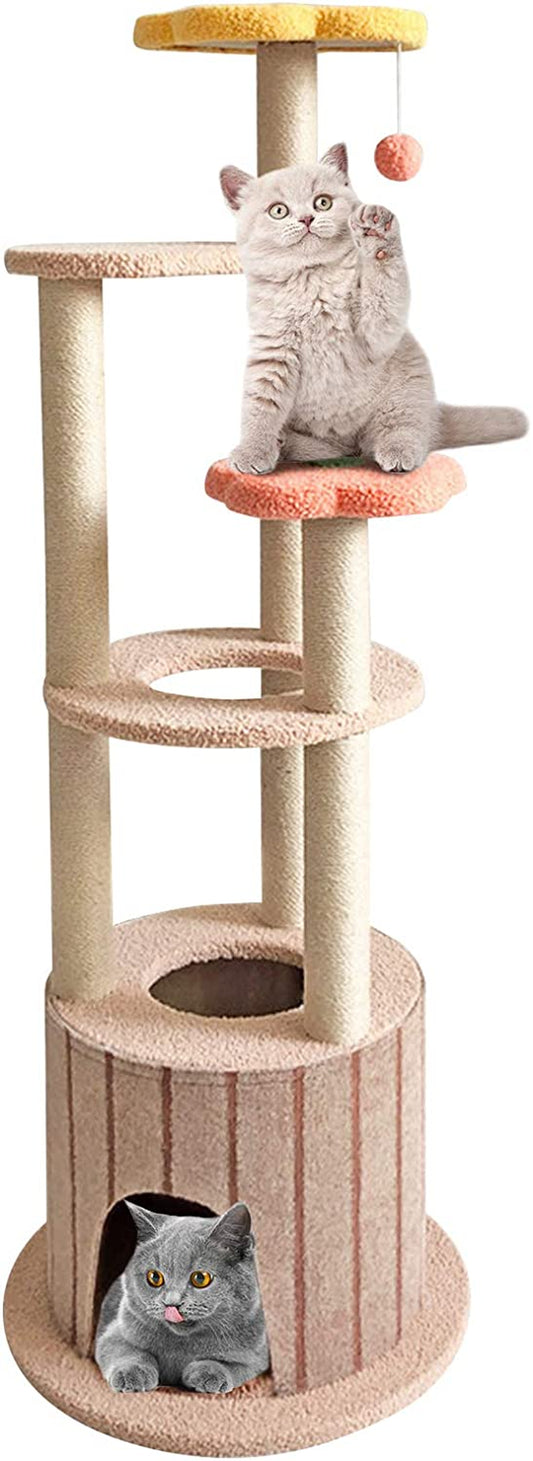 51In Cat Tree Multi-Level Cat Tower Cat Condo Cat Activity Tree with Sisal Scratching Post Cat Climbing Flower Tower House for Cats Kittens Pets 6 Layers(Light Brown&Red&Yellow)