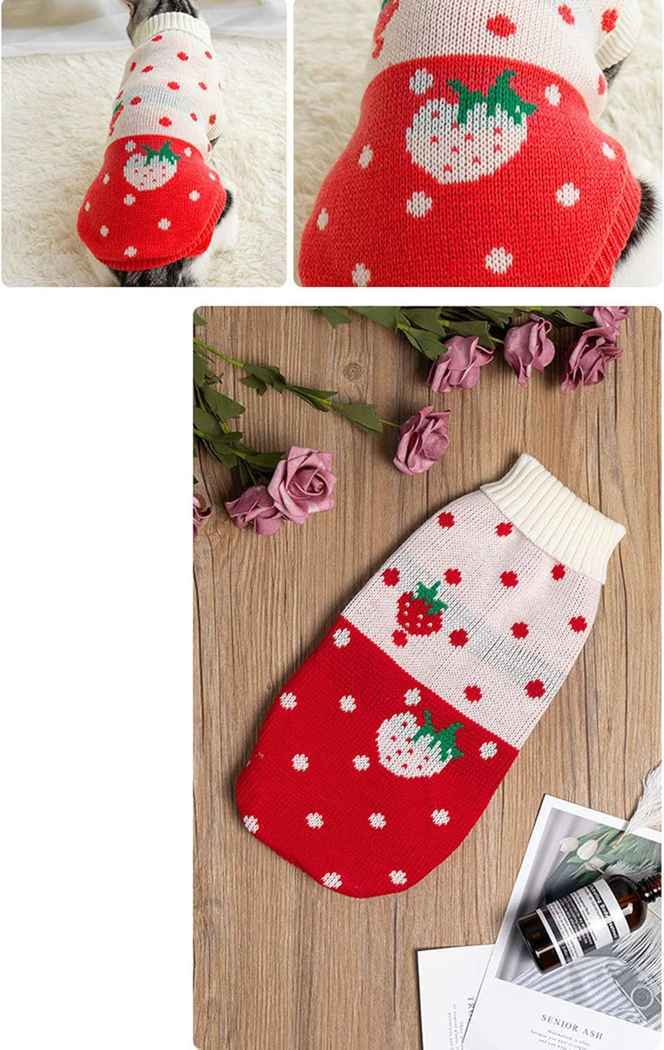 Pet Clothes, Cat Sweater Winter Warm Puppy Clothes Strawberry Knitwear Turtleneck Dog Sweaters for Cats Kitten Puppy (16:Red Strawberry)