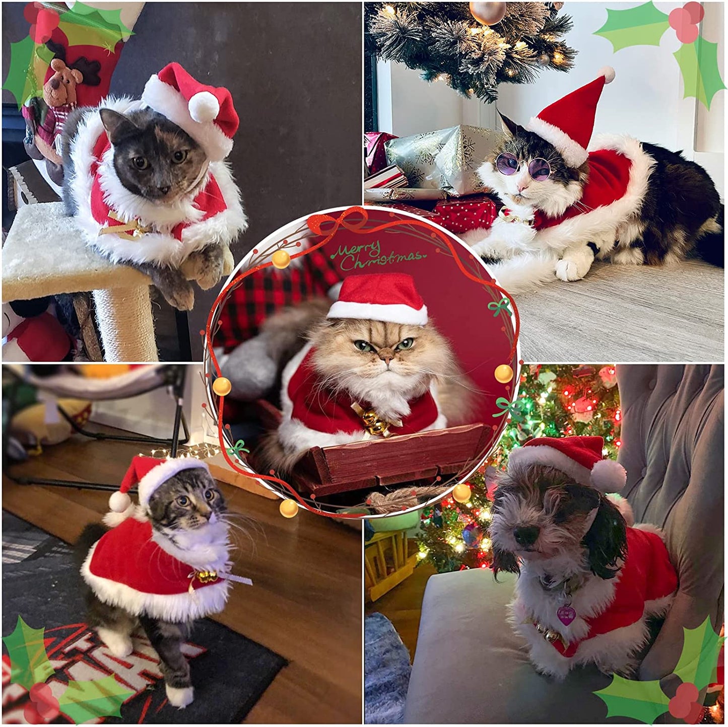 Pet Christmas Costume Cat Santa Outfit Small Dog Xmas Hat with Cloak Set Cat New Year Apparel