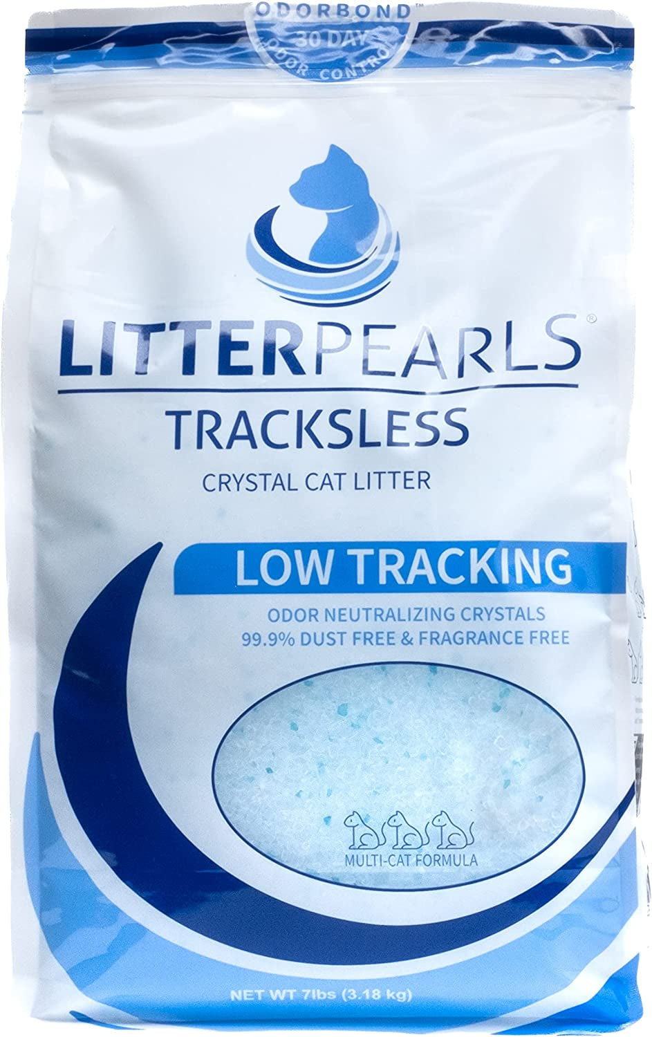 Tracksless Unscented Non-Clumping Crystal Cat Litter with Odorbond, 7 Lb, White, Clear and Blue Crystals