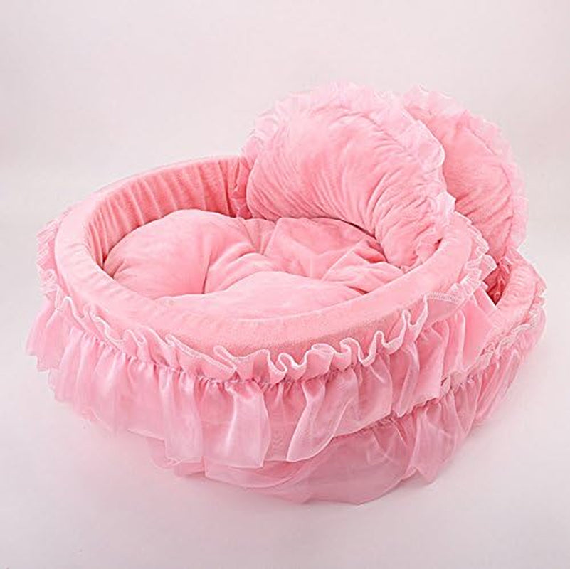 Cute Princess Pet Bed Bow-Tie Lace Cat Sofa Soft Plush Small Dog Cushion Bed Kitten Puppy round Beds (S, Pink)