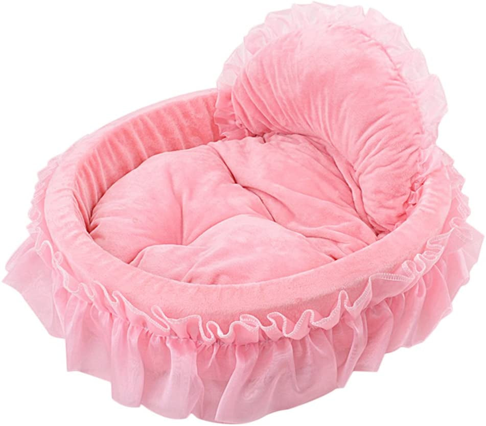 Cute Princess Pet Bed Bow-Tie Lace Cat Sofa Soft Plush Small Dog Cushion Bed Kitten Puppy round Beds (S, Pink)