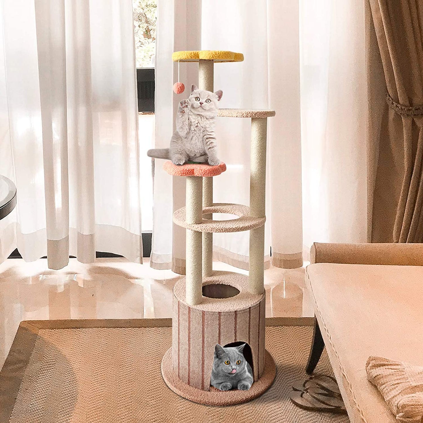 51In Cat Tree Multi-Level Cat Tower Cat Condo Cat Activity Tree with Sisal Scratching Post Cat Climbing Flower Tower House for Cats Kittens Pets 6 Layers(Light Brown&Red&Yellow)