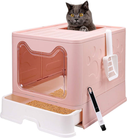 Foldable Cat Litter Box with Lid, Enclosed Cat Potty, Top Entry Anti-Splashing Cat Toilet, Easy to Clean Including Cat Litter Scoop and 2-1 Cleaning Brush (Pink) Large