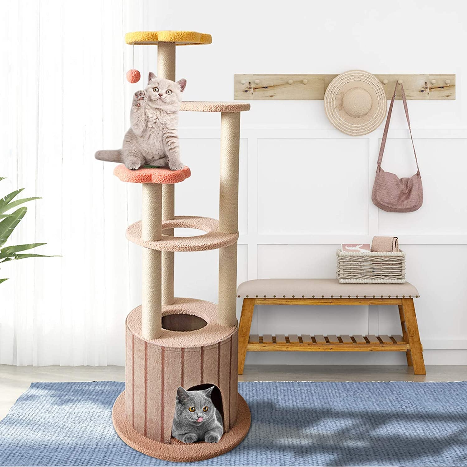 51In Cat Tree Multi-Level Cat Tower Cat Condo Cat Activity Tree with Sisal Scratching Post Cat Climbing Flower Tower House for Cats Kittens Pets 6 Layers(Light Brown&Red&Yellow)