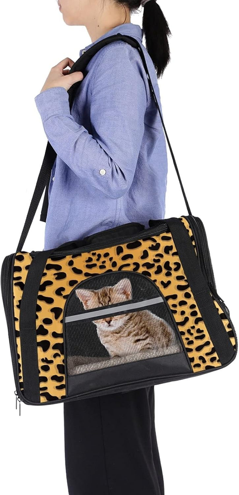 Airline Approved Soft Sided Pet Carrier, Leopard Print Background Travel Bag for Cats & Dogs, Durable, Breathable Airplane, Car Train, Multi-Colored 09, 17X10X11.8 In43X26X30 Cm