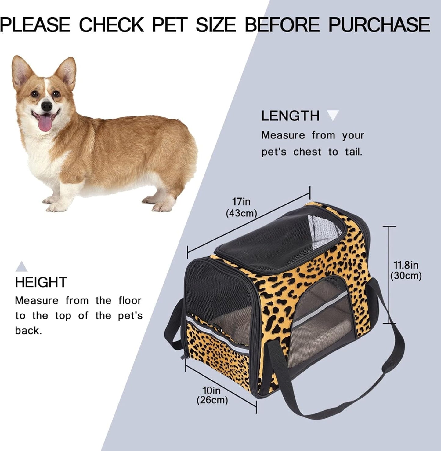 Airline Approved Soft Sided Pet Carrier, Leopard Print Background Travel Bag for Cats & Dogs, Durable, Breathable Airplane, Car Train, Multi-Colored 09, 17X10X11.8 In43X26X30 Cm