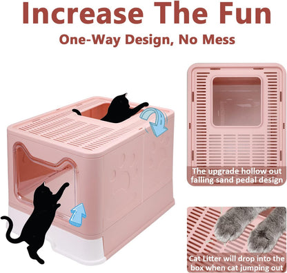 Foldable Cat Litter Box with Lid, Enclosed Cat Potty, Top Entry Anti-Splashing Cat Toilet, Easy to Clean Including Cat Litter Scoop and 2-1 Cleaning Brush (Pink) Large