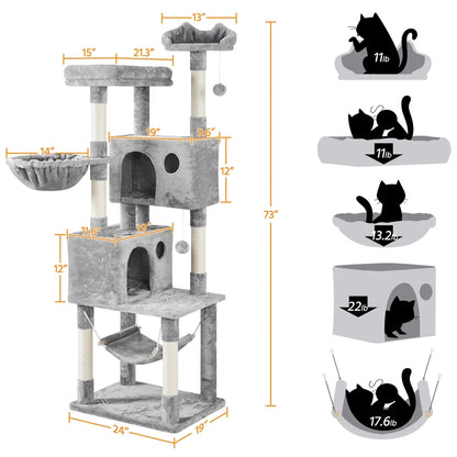 73"H Multi-Level Cat Tree Tower with Condos and Perches, Light Gray